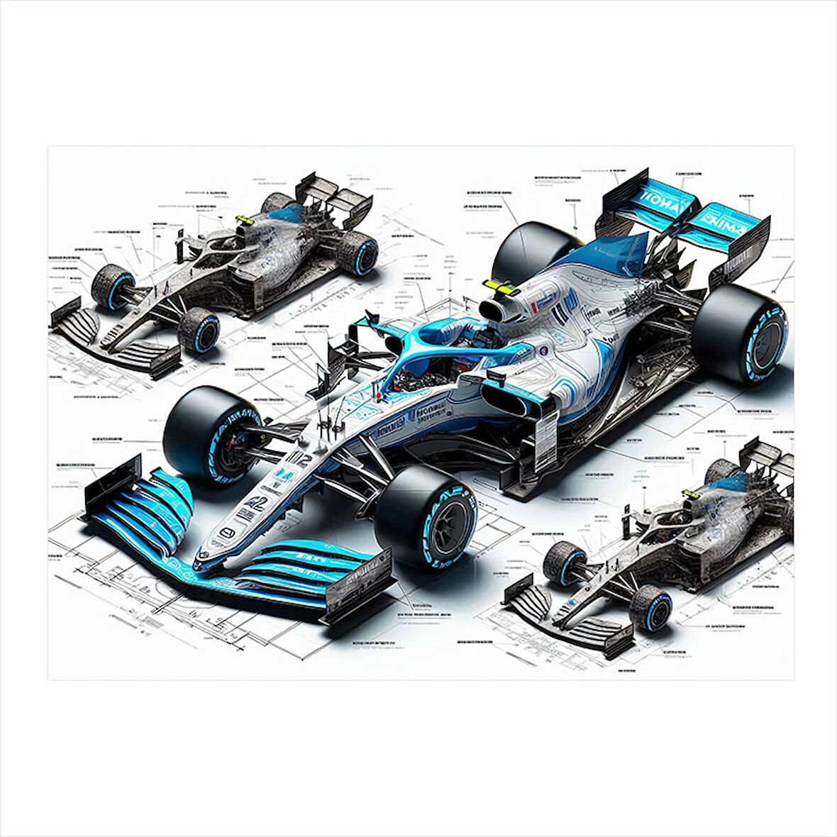 Formula 1 Araç Teknik Çizimi Desenli Ahşap Tablo 35cm X50cm