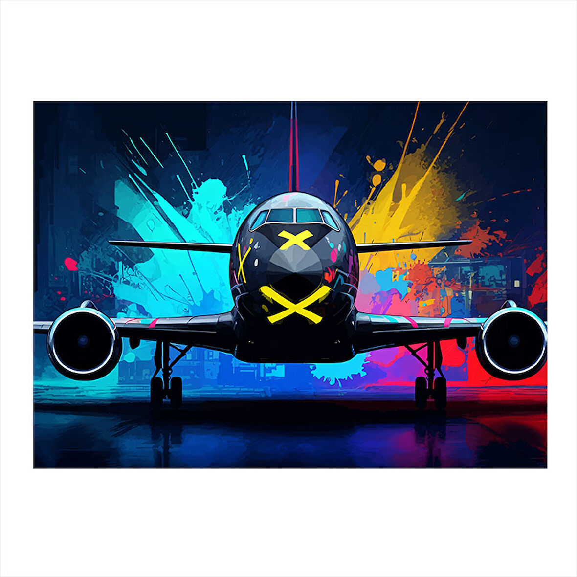 Neon Işıklı Uçak Ön Görünüm Art Mdf Tablo 35cm X50cm