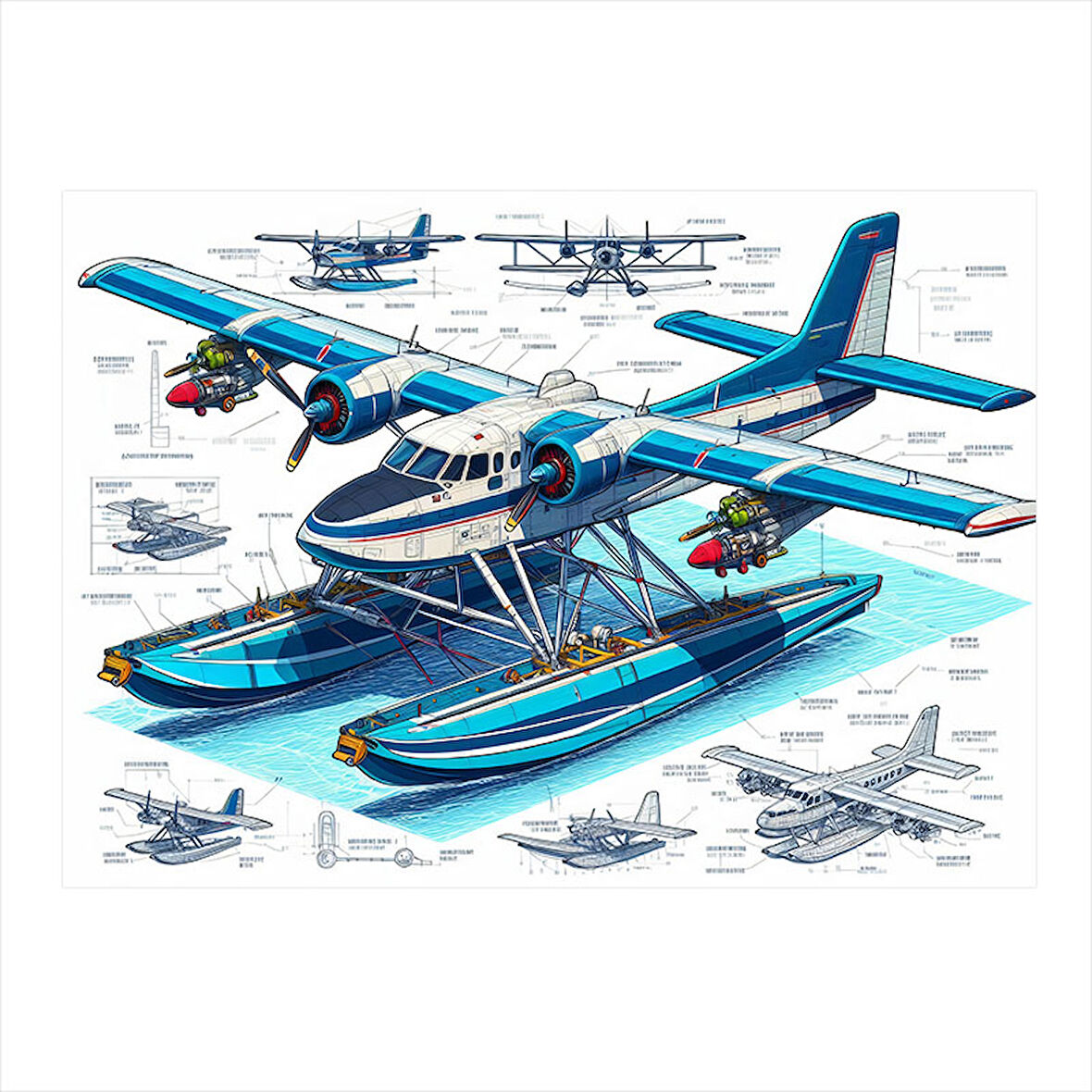 Deniz Uçağı Teknik Çizimi Desenli Ahşap Tablo 25cmX 35cm