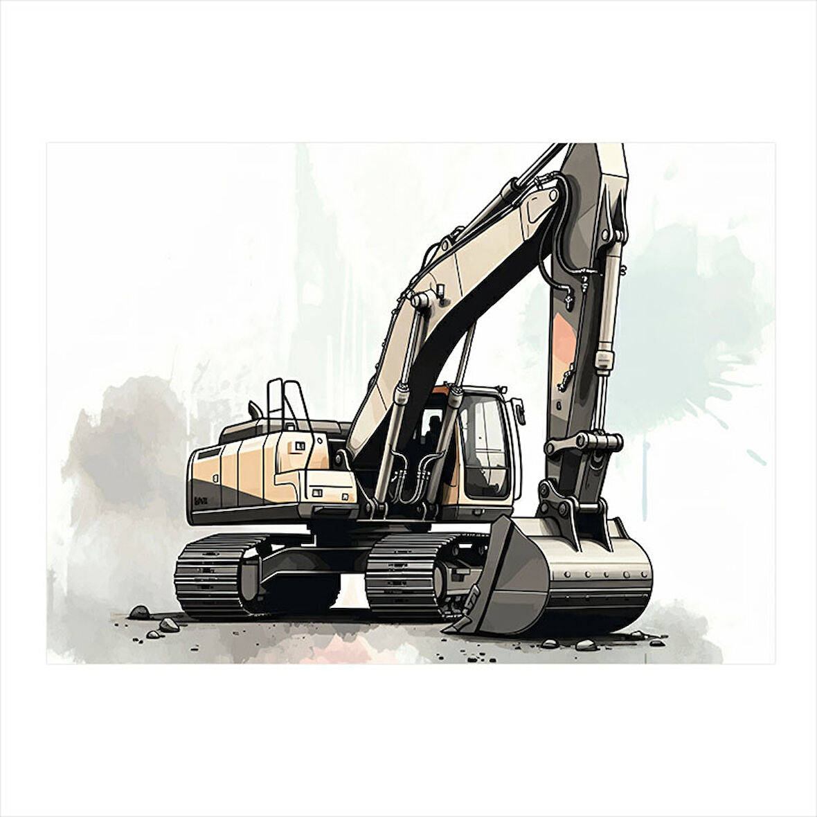 Büyük Ekskavatör Çizimi Desenli Mdf Tablo 35cm X50cm