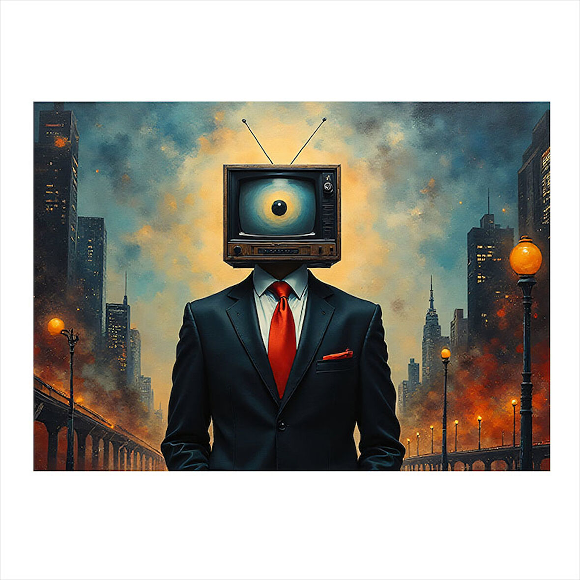 Televizyon Kafalı İş Adamı Modern Ahşap Tablo 25cmX 35cm