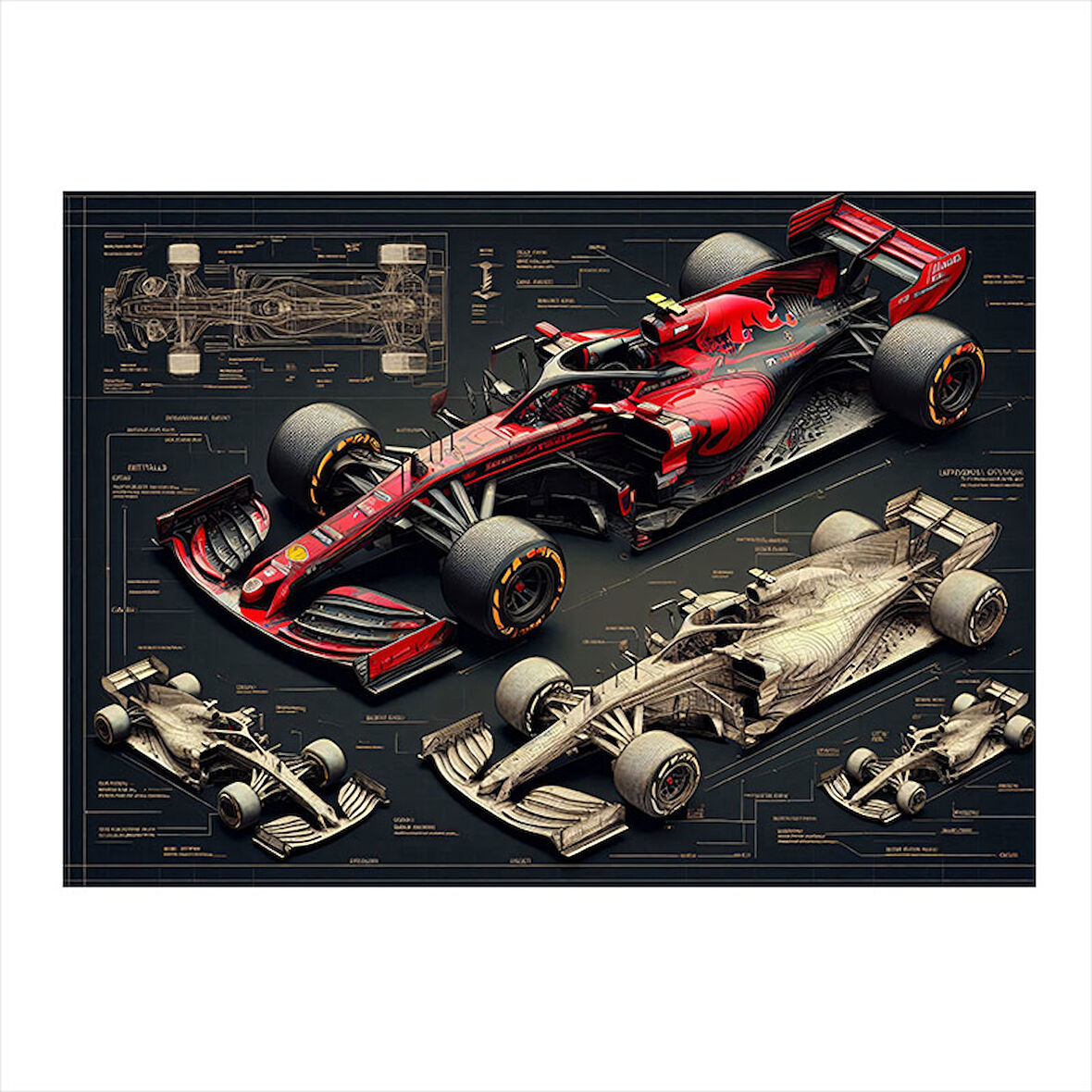 Teknik Formula 1 Araç Çizimi Art Mdf Poster 35cm X50cm