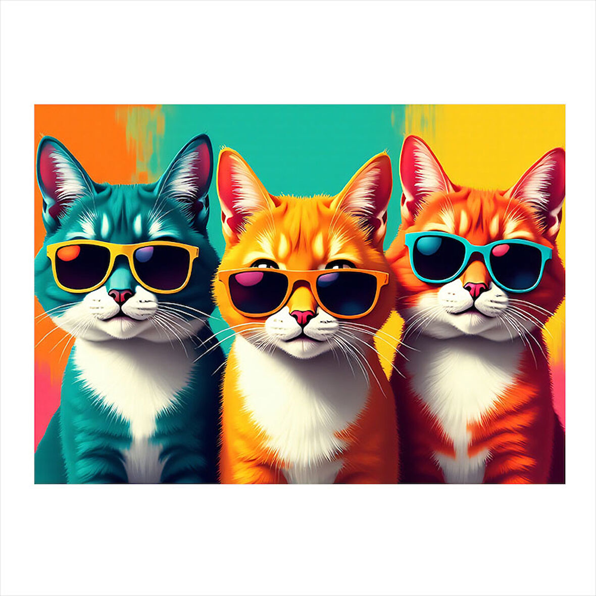 Renkli Güneş Gözlüklü Kediler Tasarım Ahşap Tablo 35cm X50cm