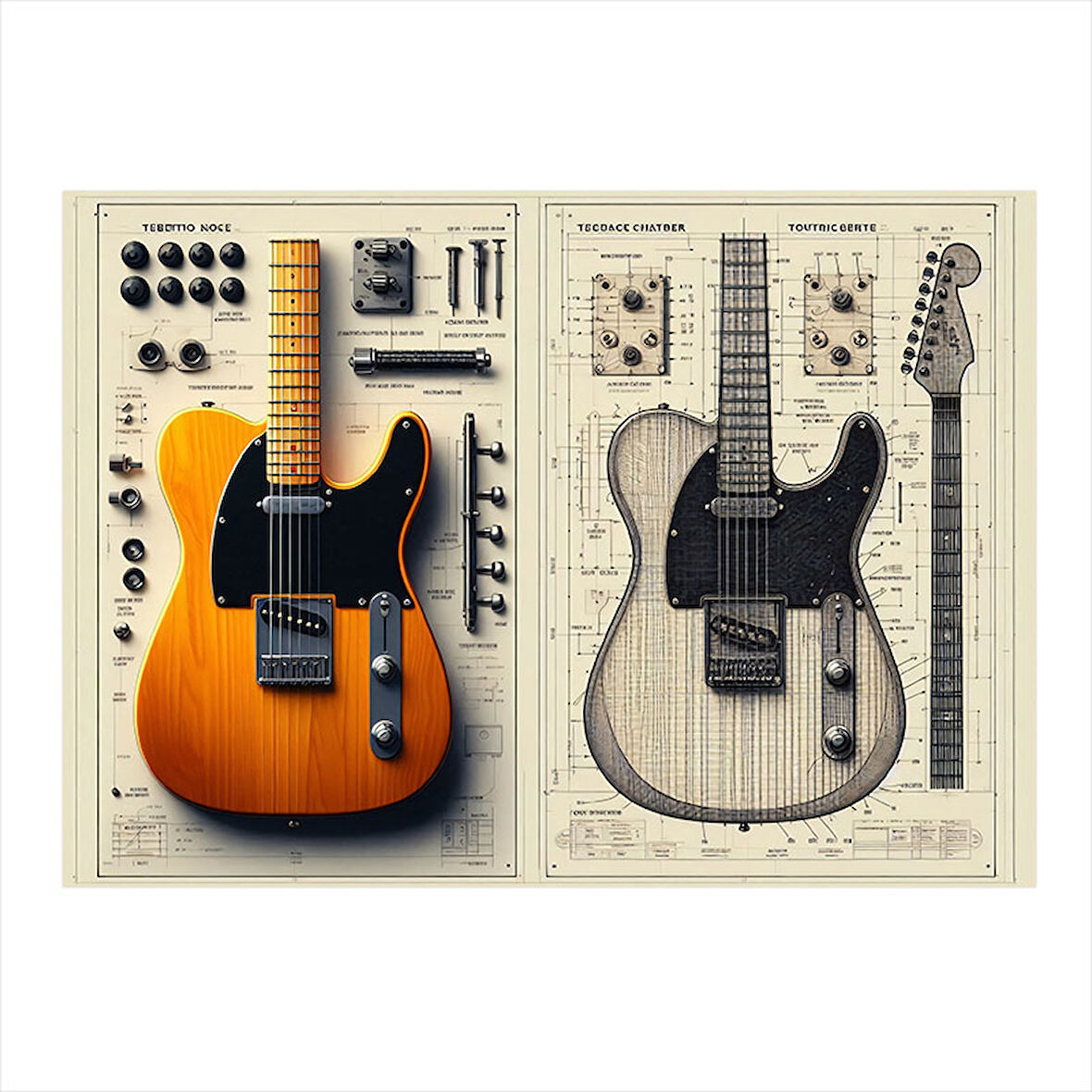 Elektro Gitar Çizimleri Hediyelik Ahşap Tablo 25cmX 35cm