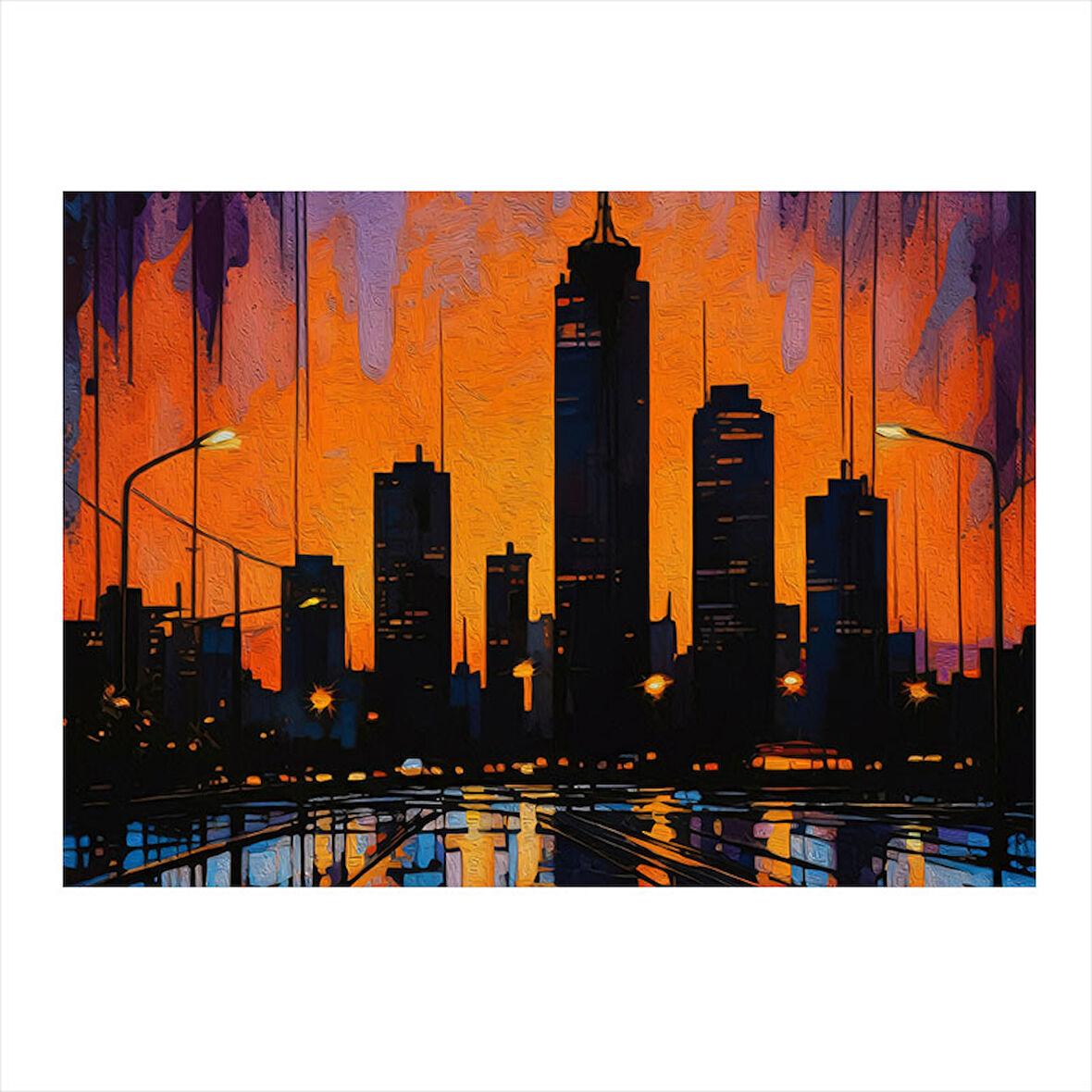 Turuncu Şehir Silüeti İllüstrasyonu Hediyelik Mdf Tablo 35cm X50cm