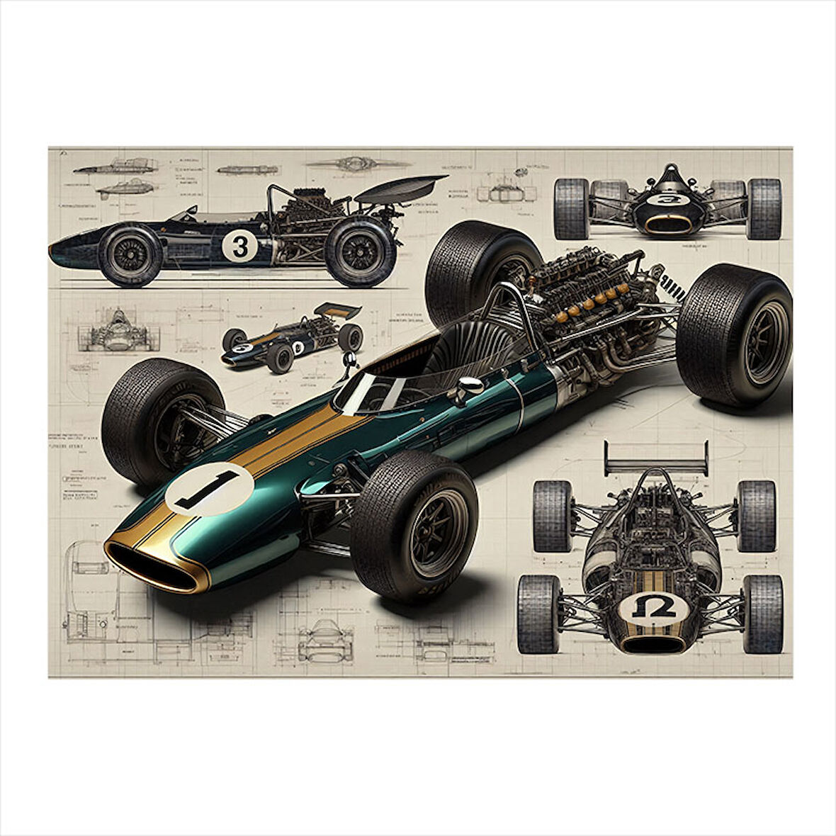 Teknik Yarış Arabası Çizimi Art Mdf Poster 50cmX 70cm