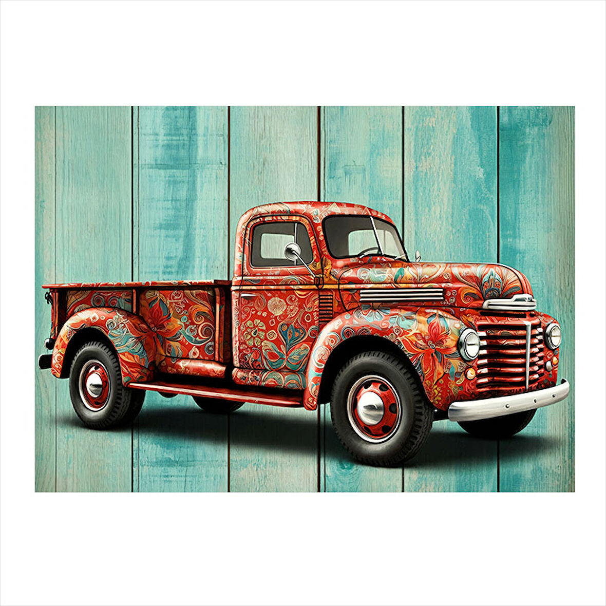 Nostaljik Kırmızı Kamyonet Model Ahşap Tablo 25cmX 35cm