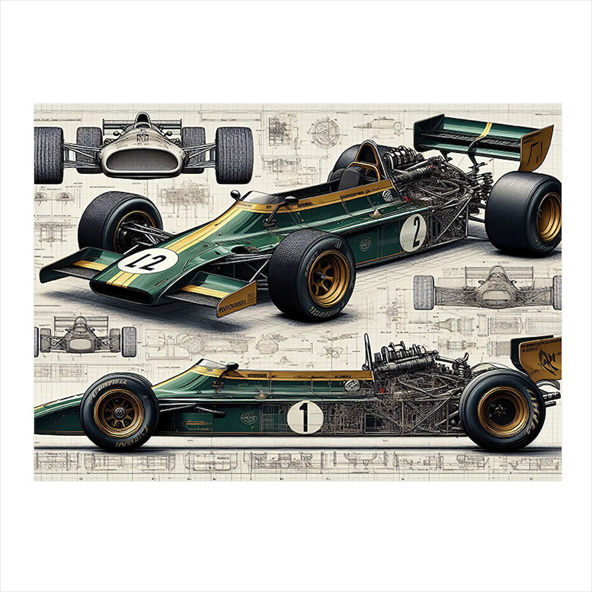 Teknik Yarış Arabası Çizimi Hediyelik Ahşap Tablo 25cmX 35cm