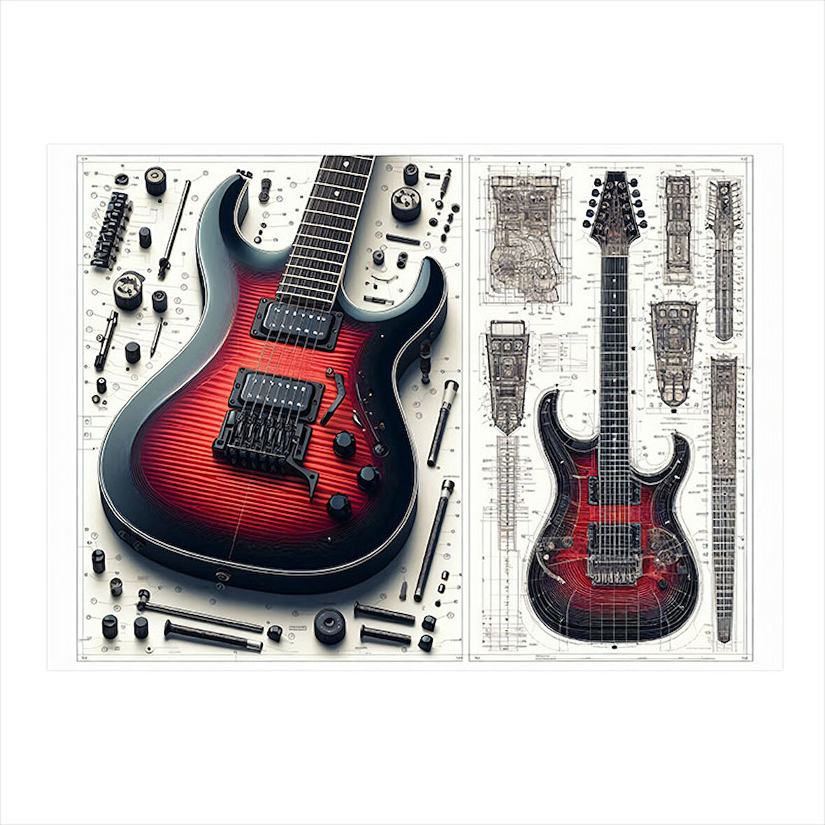 Çift Elektro Gitar Tasarımı Mdf Tablo 25cmX 35cm
