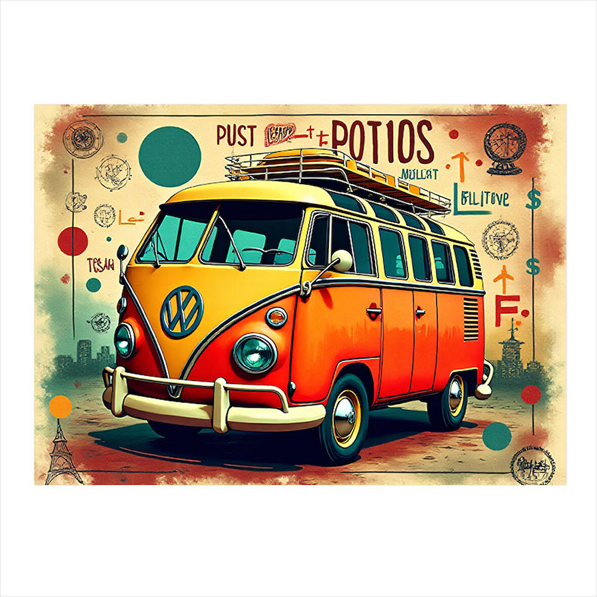Renkli Retro Minibüs Tasarımı Hediyelik Ahşap Tablo 25cmX 35cm