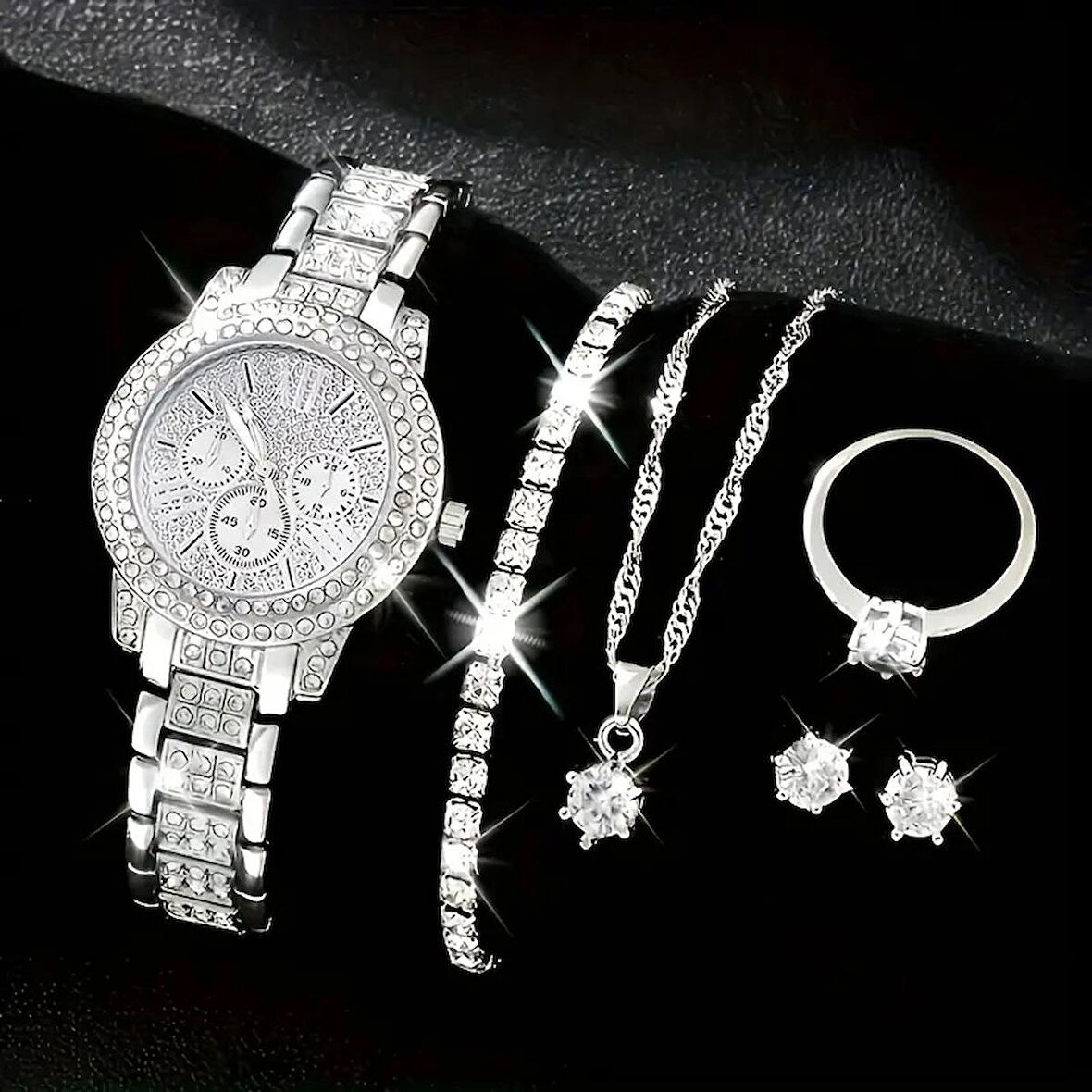 Elegant Saat ile Kolye+Küpe+Yüzük+Bileklik 6 parça Takı Seti