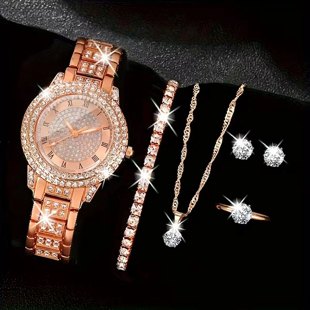 Saat ile Kolye+Küpe+Yüzük+Bileklik 6 parça Takı Seti