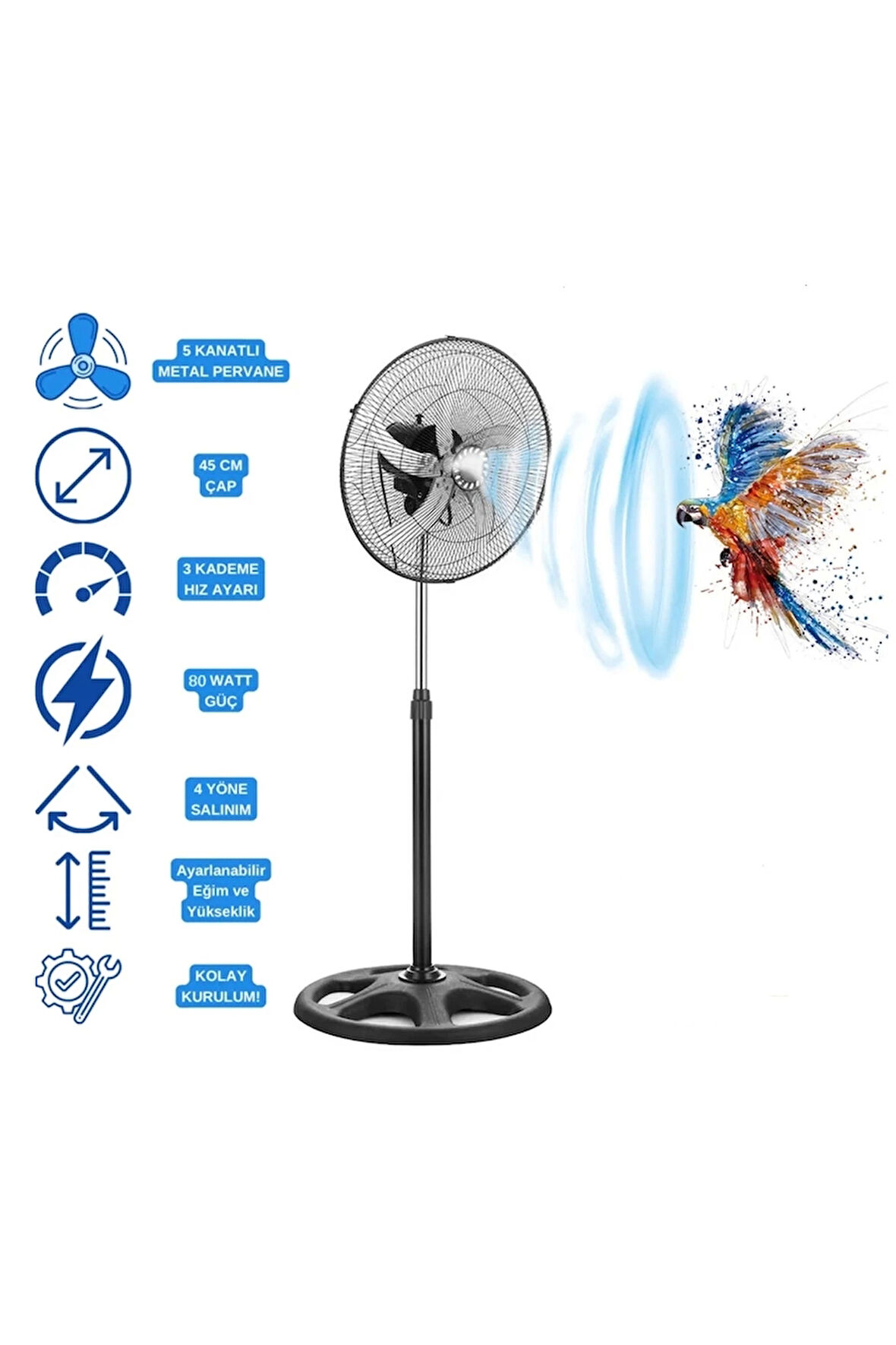 5 Metal Kanatlı Soğutucu Vantilatör Pervane 3 Kademe Hız Kontrol 18’’inch - 80w