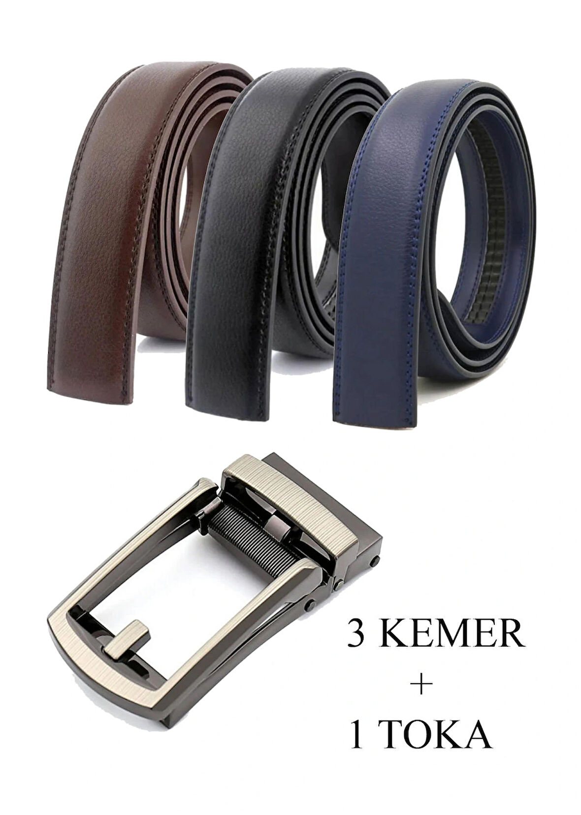 Kemer Dünyası Otomatik Tokalı Deliksiz Deri Akıllı Erkek Kemer Seti ( 3 Kemer 1 Toka )
