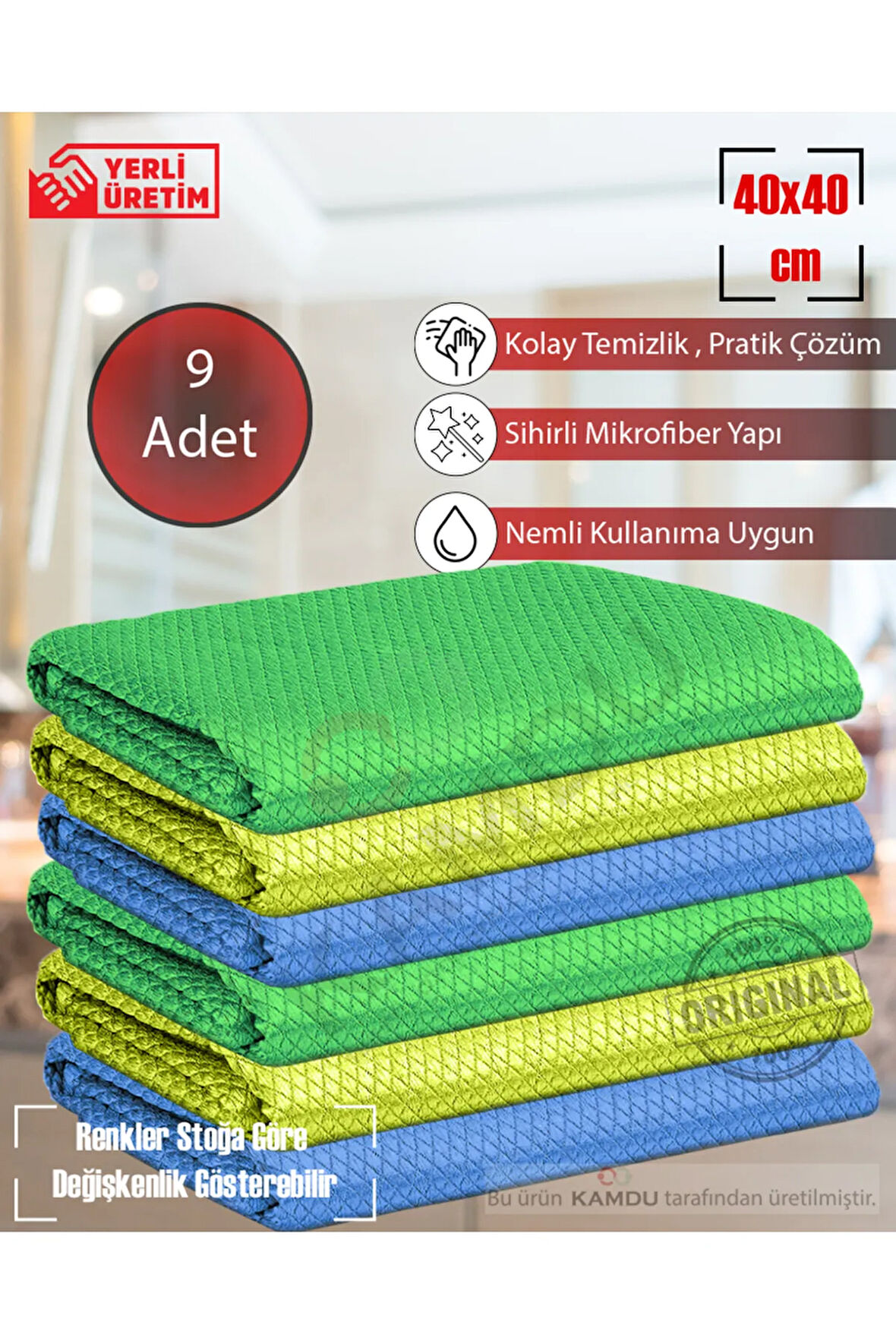 9 Adet 40x40 Baklava Desenli Mikrofiber Temizlik Bezi, Mutfak Bezi, Oto Temizlik Bezi