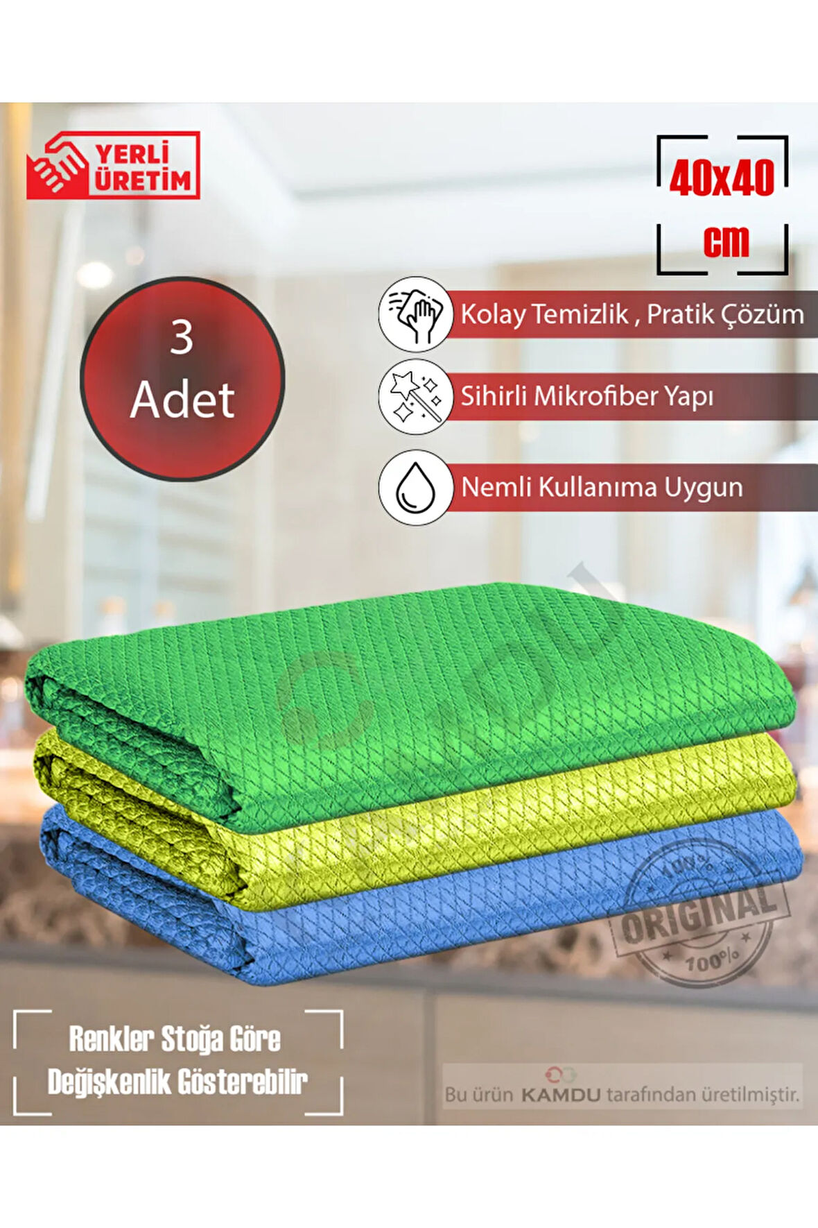 3 Adet 40x40 Baklava Desenli Mikrofiber Temizlik Bezi, Mutfak Bezi, Oto Temizlik Bezi