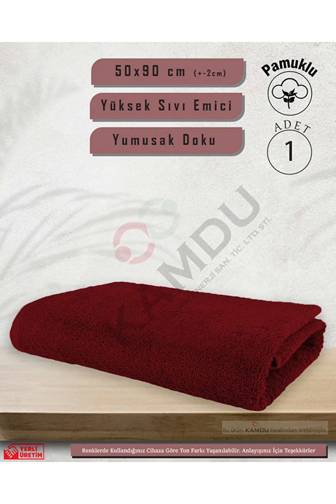 1 Adet 50x90cm Kırmızı Pamuklu Saç Havlusu, Spor ve Berber Havlusu, Duş Havlusu