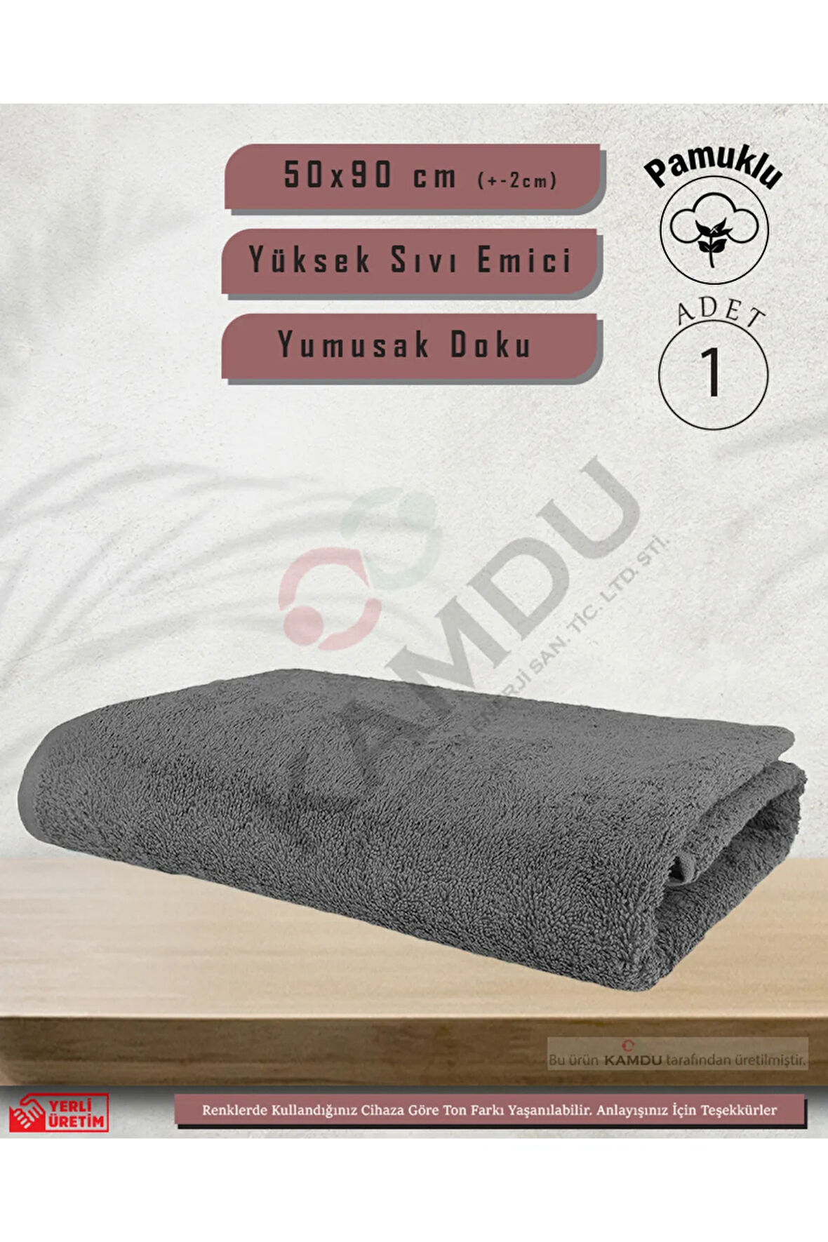 1 Adet 50x90cm Gri Pamuklu Saç Havlusu, Spor ve Berber Havlusu, Duş Havlusu