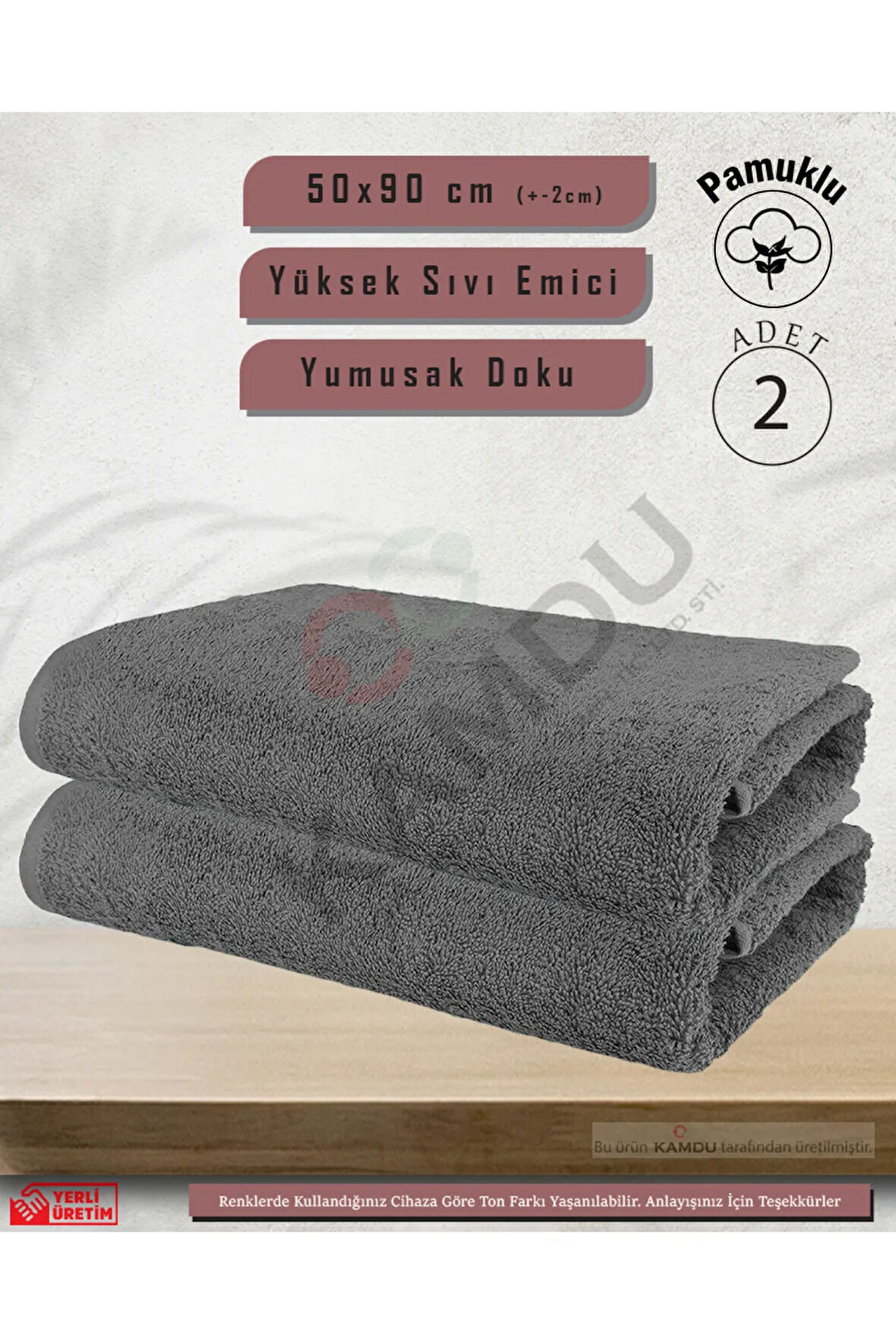 2 Adet 50x90cm Gri Pamuklu Saç Havlusu, Spor ve Berber Havlusu, Duş Havlusu