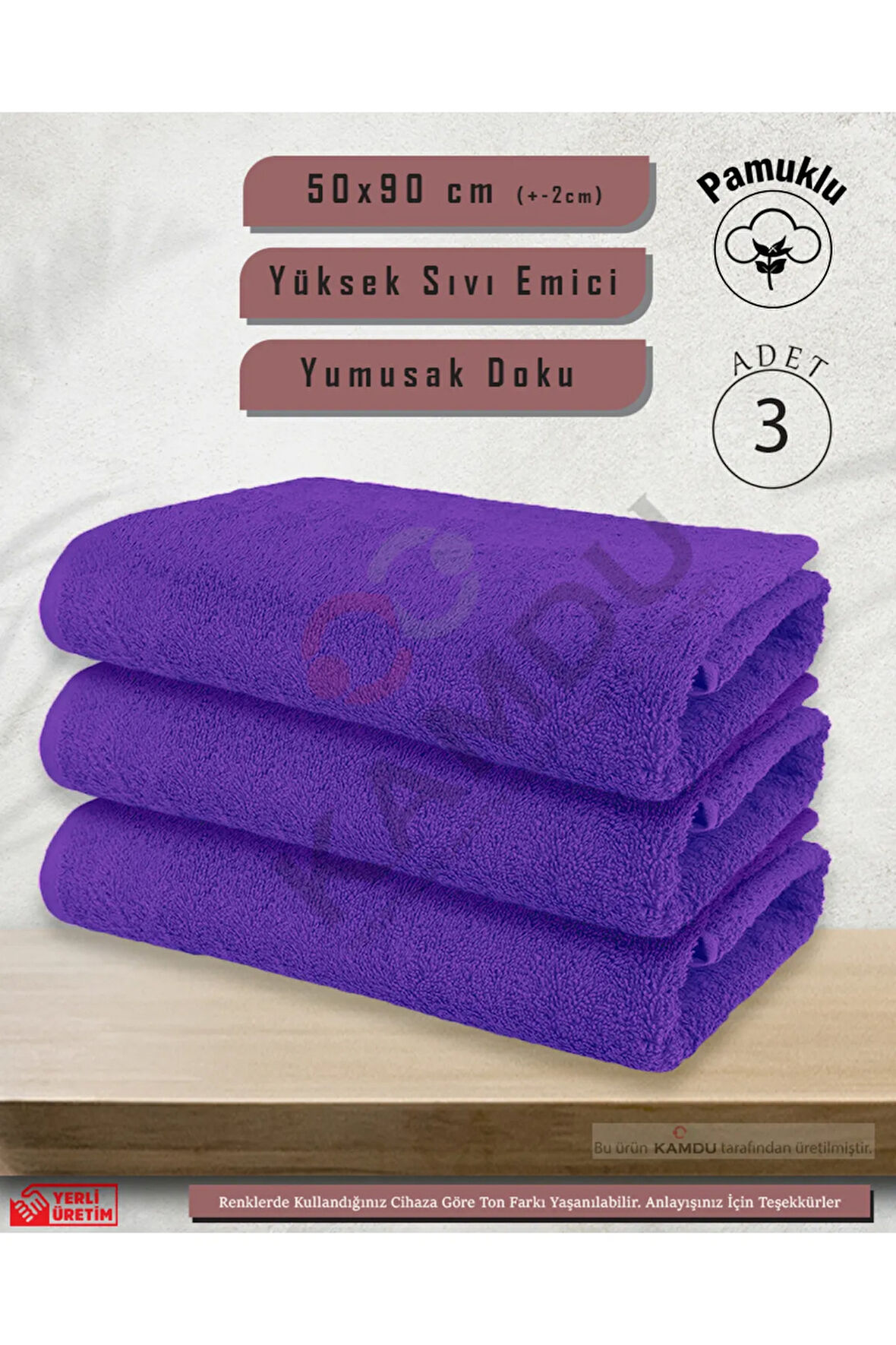 3 Adet 50x90cm Mor Pamuklu Saç Havlusu, Spor ve Berber Havlusu, Duş Havlusu