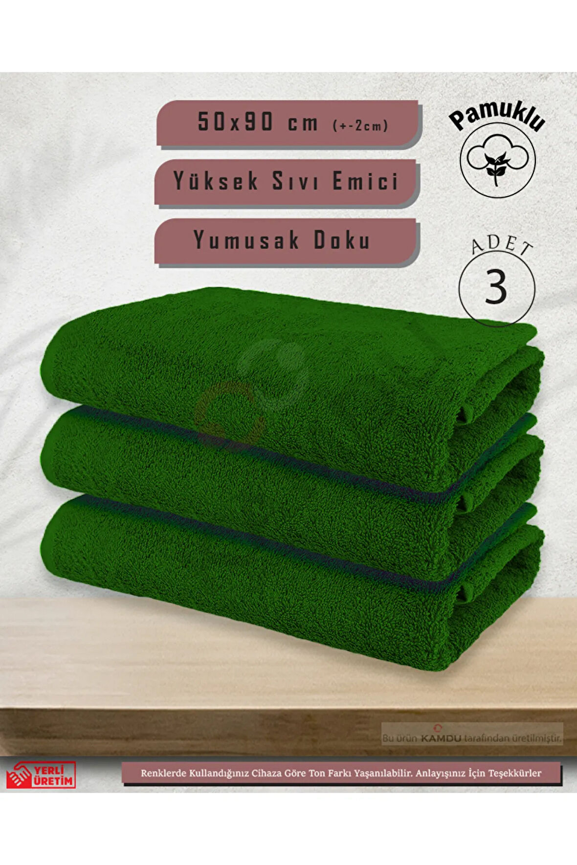 3 Adet 50x90cm Yeşil Pamuklu Saç Havlusu, Spor ve Berber Havlusu, Duş Havlusu