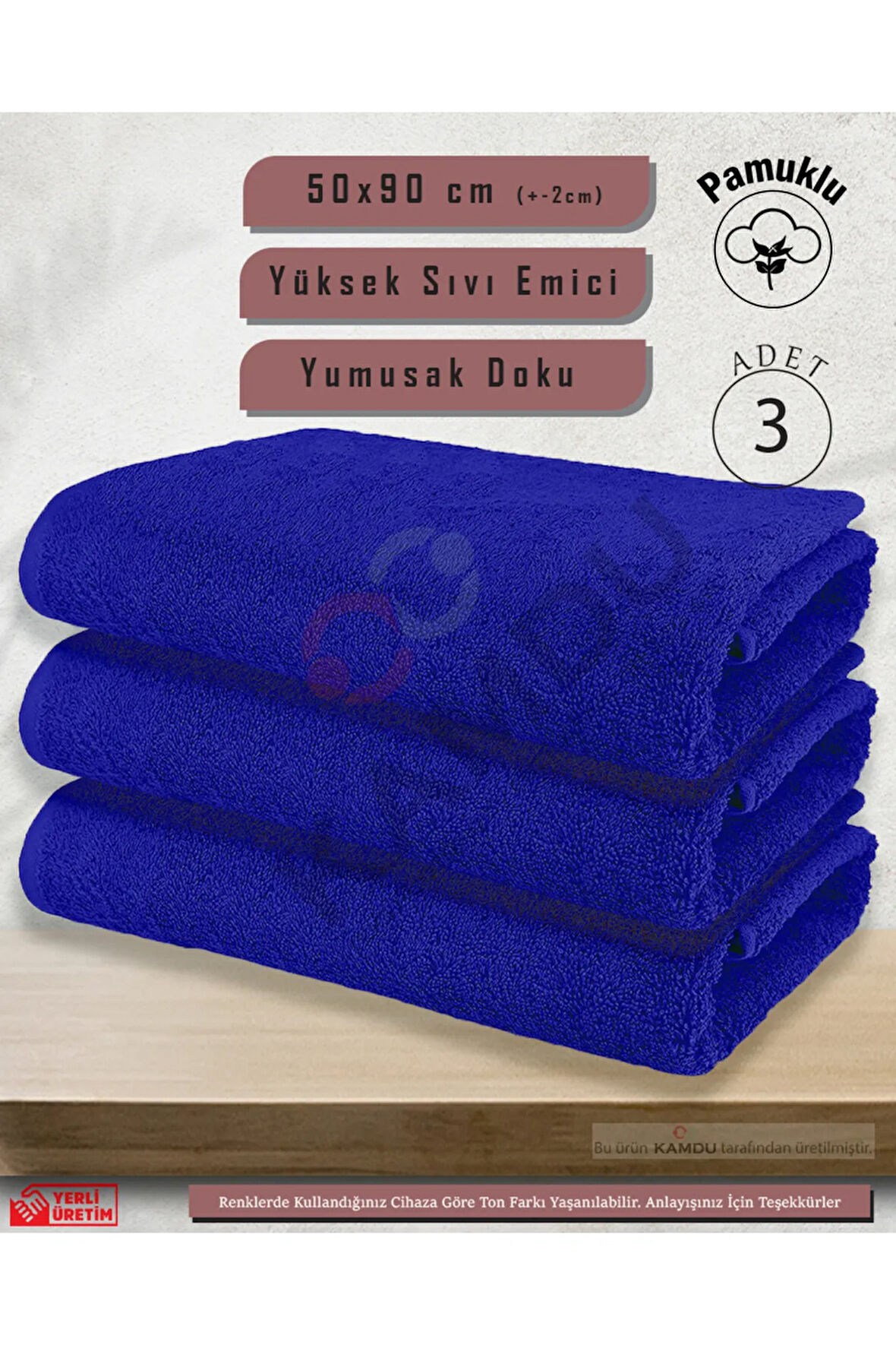 3 Adet 50x90cm Mavi Pamuklu Saç Havlusu, Spor ve Berber Havlusu, Duş Havlusu