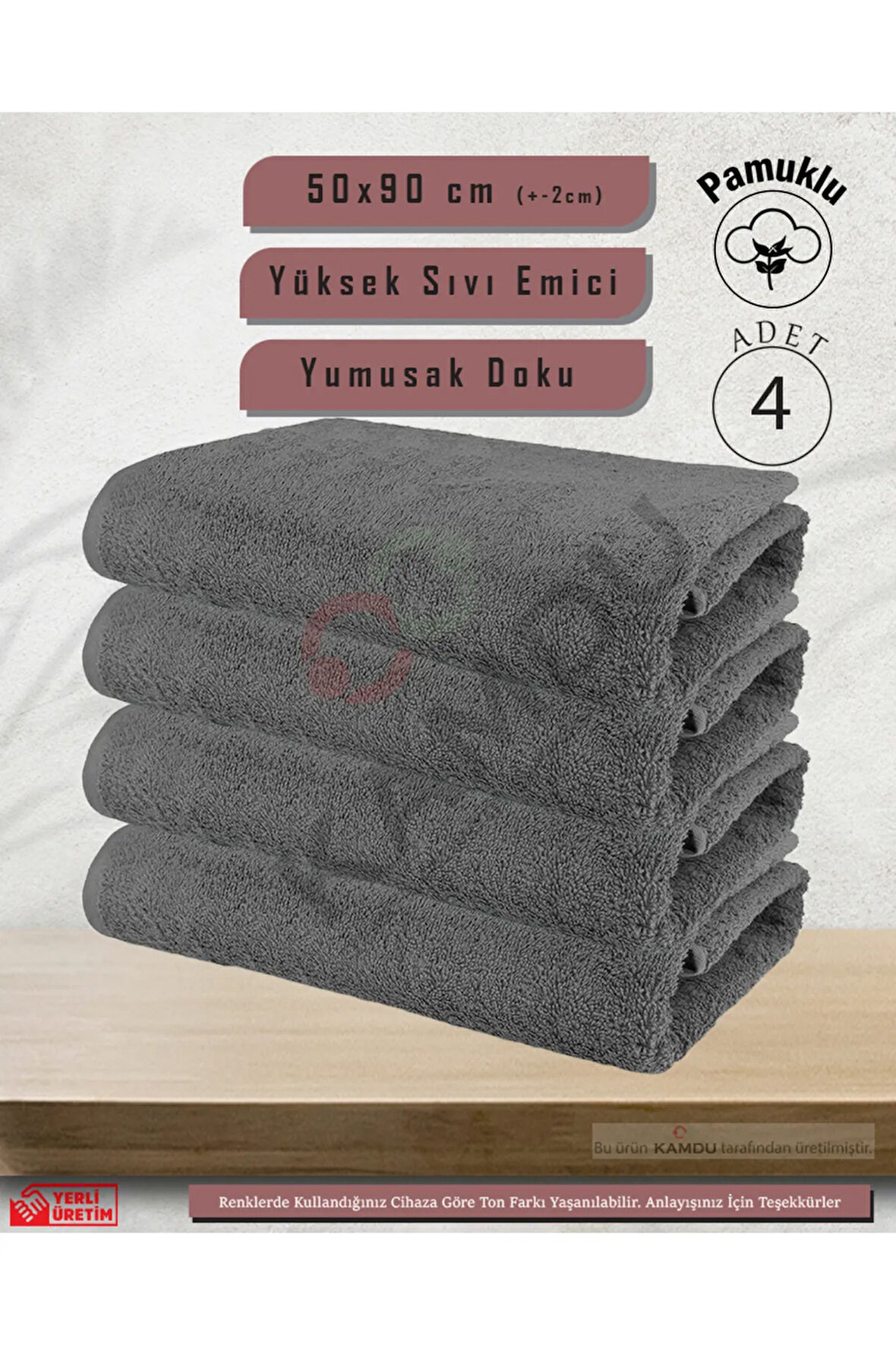 4 Adet 50x90cm Gri Pamuklu Saç Havlusu, Spor ve Berber Havlusu, Duş Havlusu