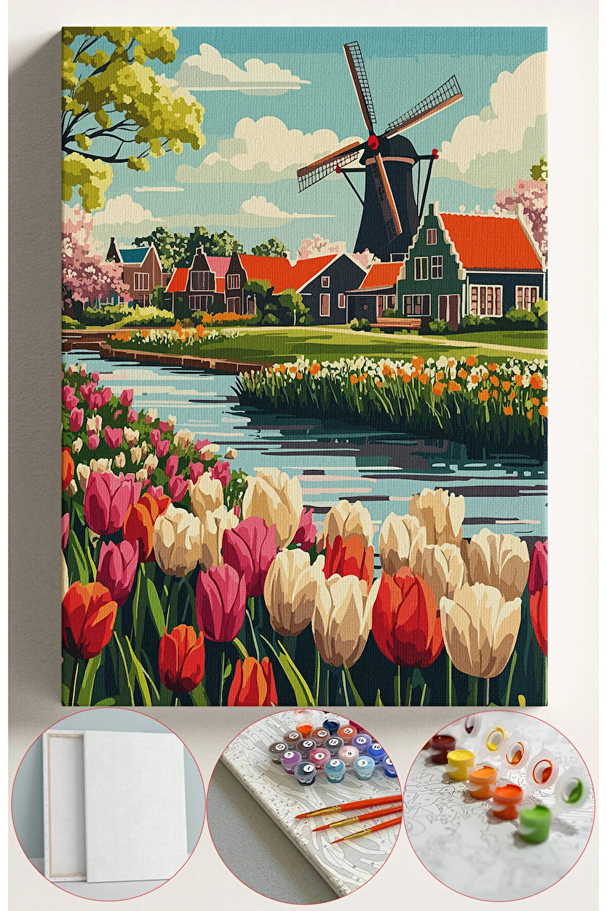 Sayılarla Boyama Seti Numaralı Tuval Fırça Boya 40x50 Cm - YEL DEĞİRMENİ LALELER