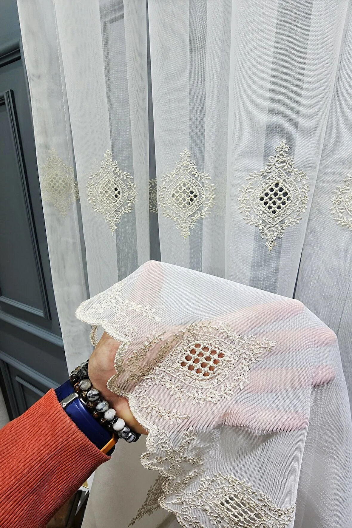 Gold Altın Bohre Damask  işlemeli Salon Model Tasarım 3Kat Pileli Tül perde