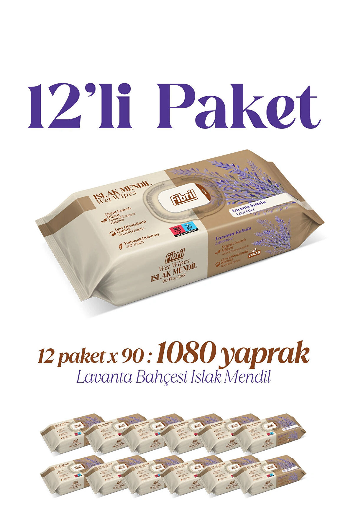 Yeni Lavanta Kokulu Islak Mendil 12x90 Pk 1080 Yaprak Doğal Esans , Geri Dönüştürülebilir Kumaş