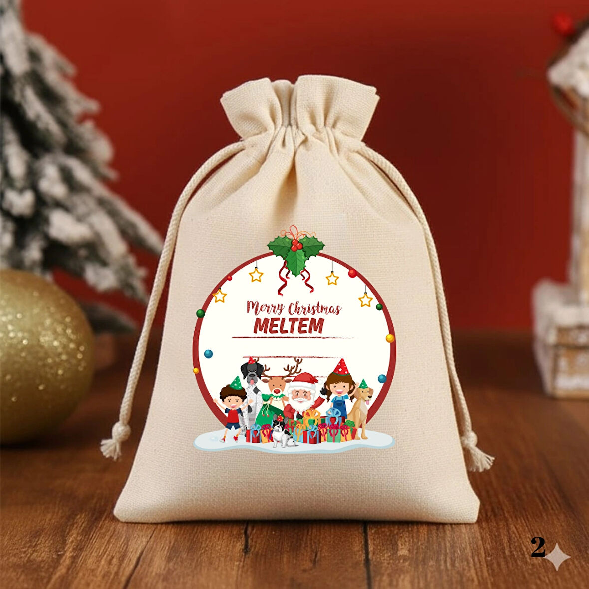1 ADET BASKILI İSME ÖZEL HEDİYELİK SÜS KESESİ YENİ YIL NOEL CHRISTMAS (24X22)