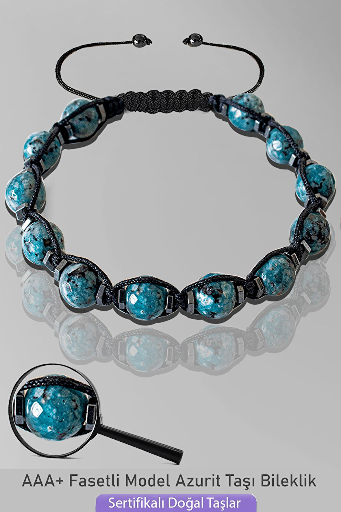Sertifikalı Makrome Mavi Azurit Taşı Bileklik - Ayarlamalı