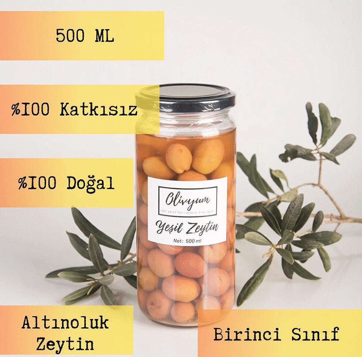 Olivyum Yeşil Zeytin 5OO ML. Cam Şişe % 100 Katkısız