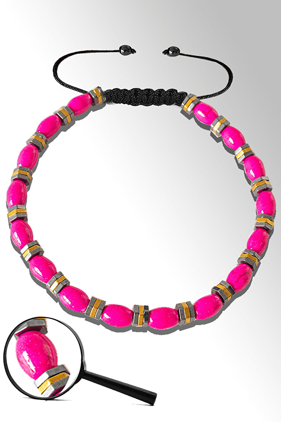 Sertifikalı Gold Silver Hematitli Pembe Sedef Taşı Bileklik - Ayarlamalı