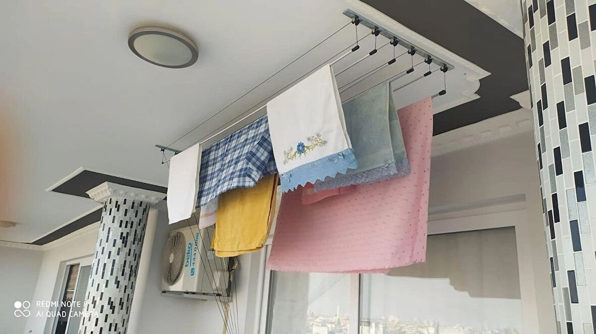 Yıldız Asansörlü çamaşır kurutma askısı Gümüş renk 9 sıra 160 cm boyunda