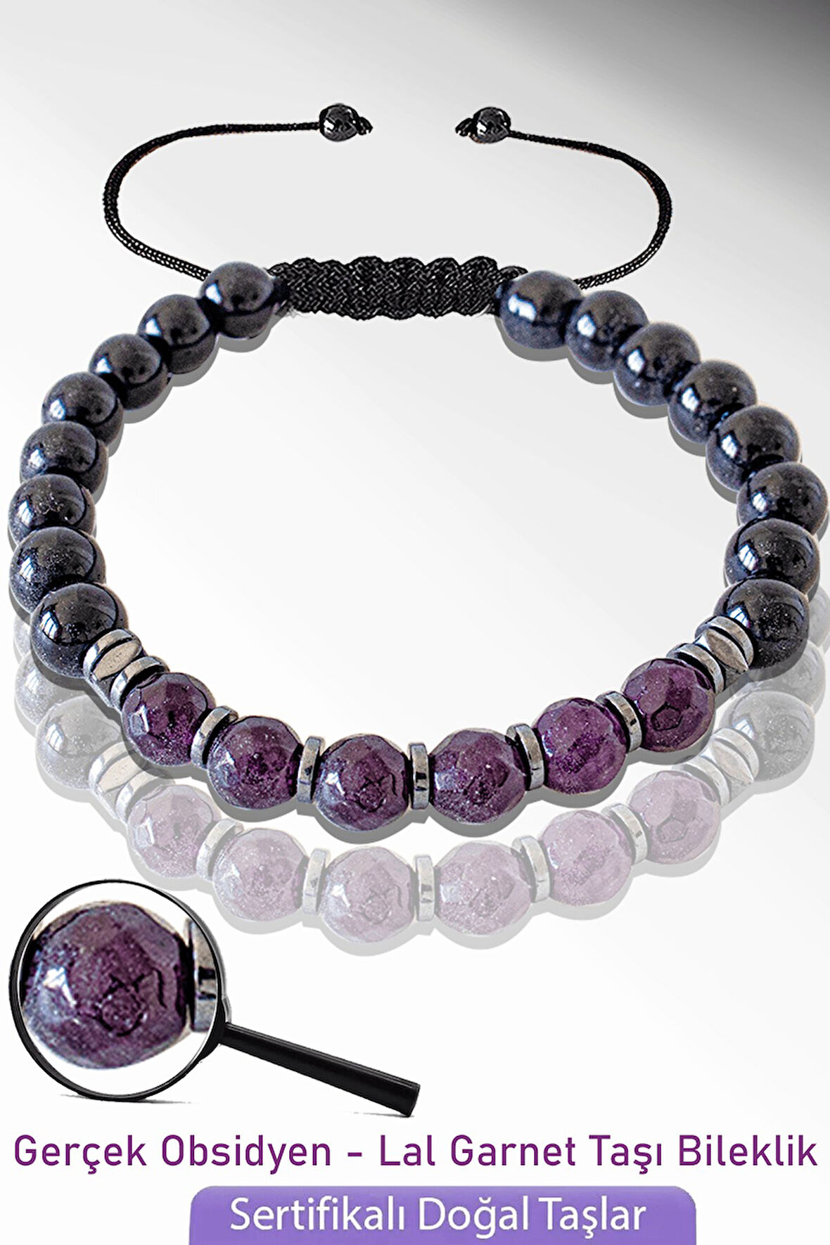 Sertifikalı Doğal Obsidyen - Lal Garnet Granat Taşı Bileklik - Ayarlamalı