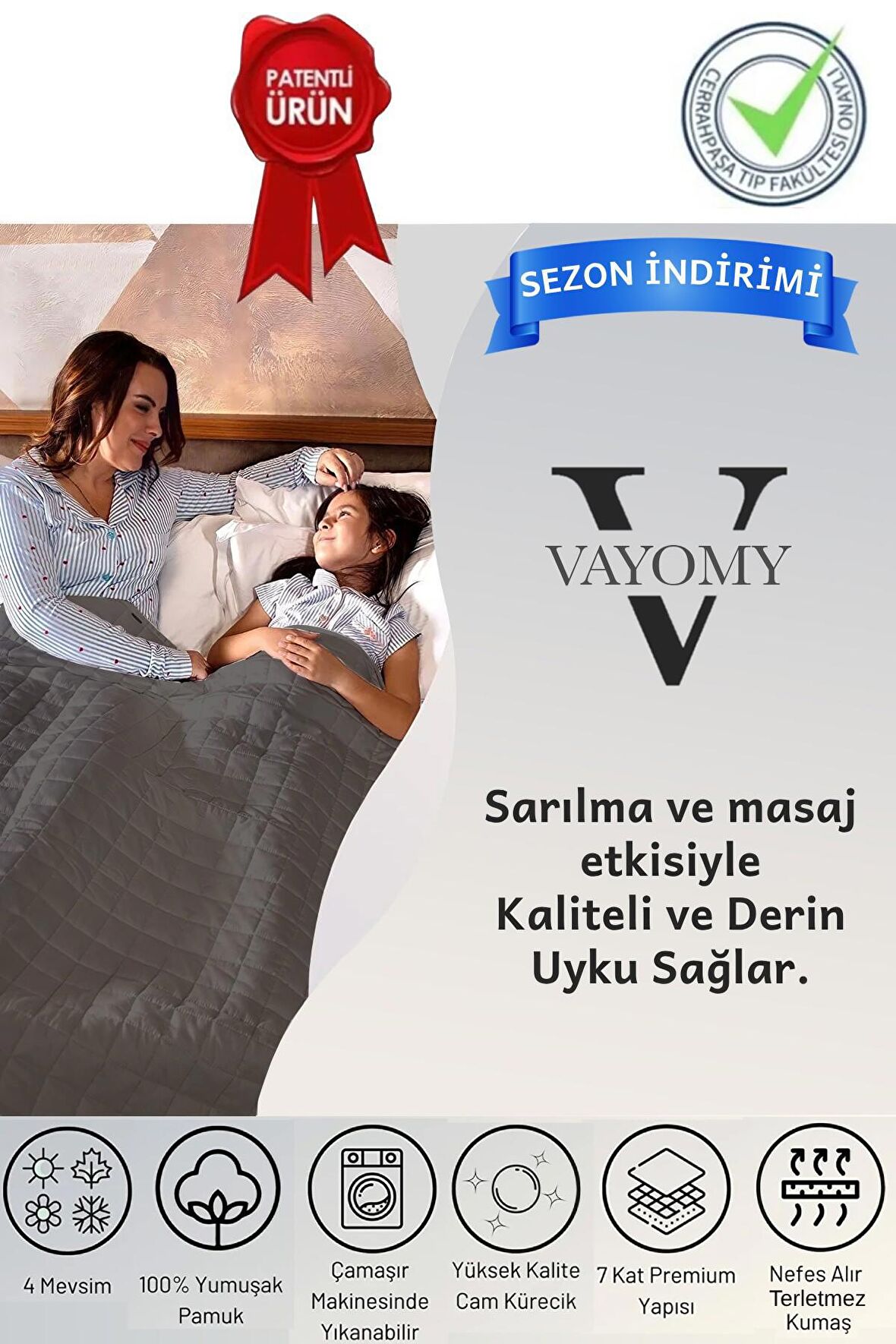 Ağırlıklı Battaniye Çift Kişilik Yorgan 10 Kg Gri 200x220 %100 Pamuk 4 Mevsim Kullanılabilir