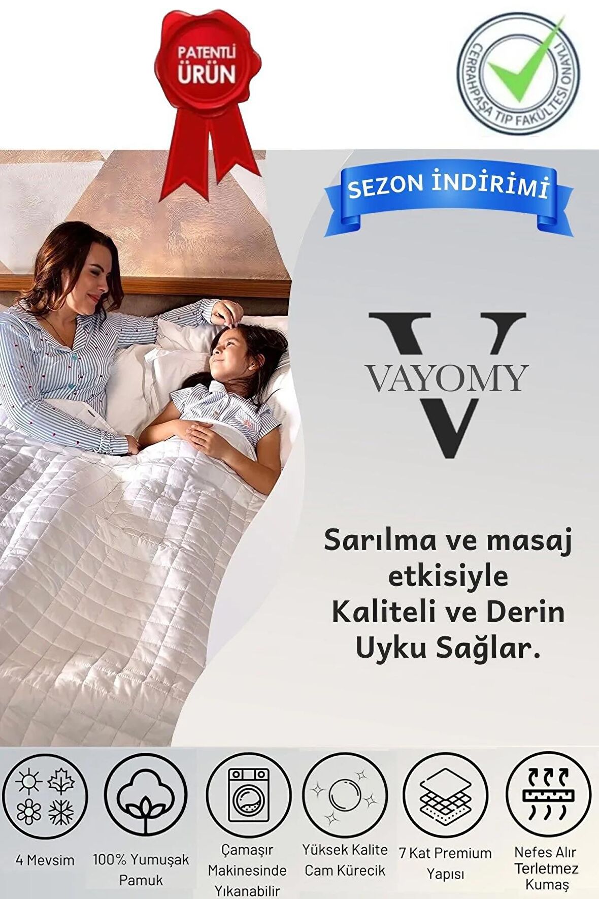 Vayomy Ağırlıklı Battaniye Tek kişilik Yorgan 3 Kg Beyaz 104x152 %100 Yün Dolgulu  4 Mevsim Kullanılabilir