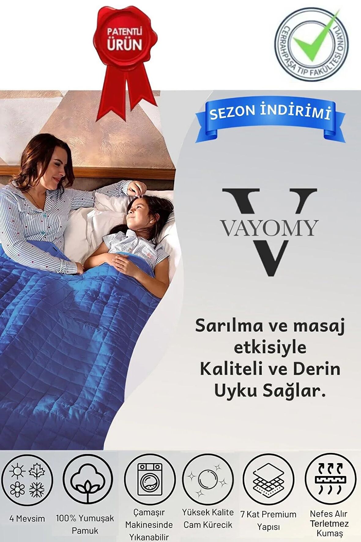 Vayomy Ağırlıklı Battaniye Tek kişilik Yorgan 3 Kg Mavi 104x152 %100 Yün Dolgulu  4 Mevsim Kullanılabilir