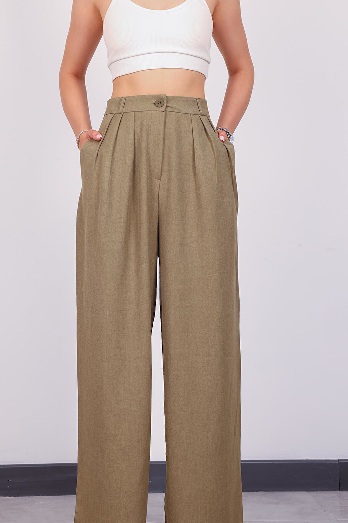 Kadın Haki Pile Detaylı Palazzo Pantolon