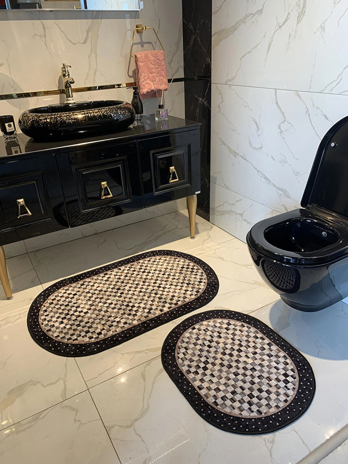 Minares Model Dama Desen 2'li Lateks Taban Banyo Paspas Takımı (60X100 - 60X50) Siyah-kahverengi