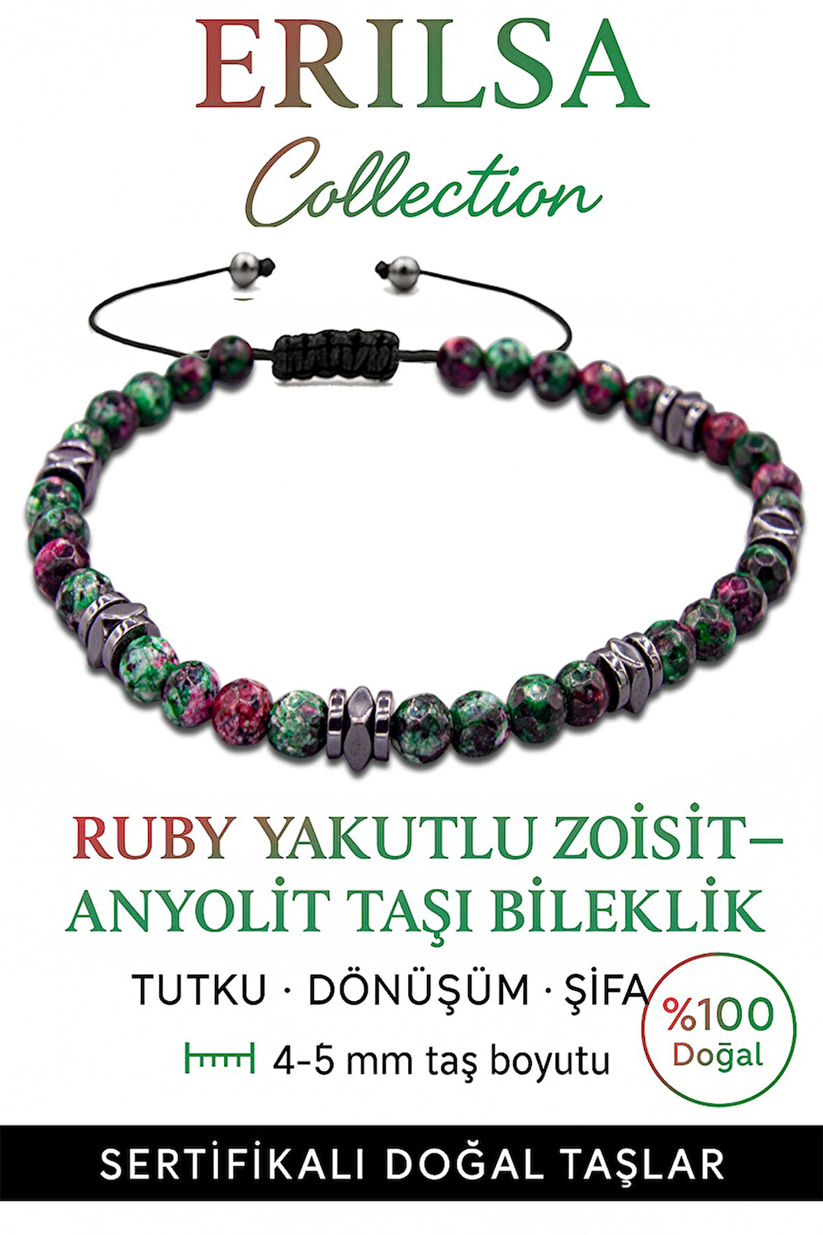 Sertifikalı Fasetli Terahertz – Ruby Zoisite (Anyolit) Taşı Bileklik (İnce Model) – Tutku, Denge ve Ruhsal Güç Taşı