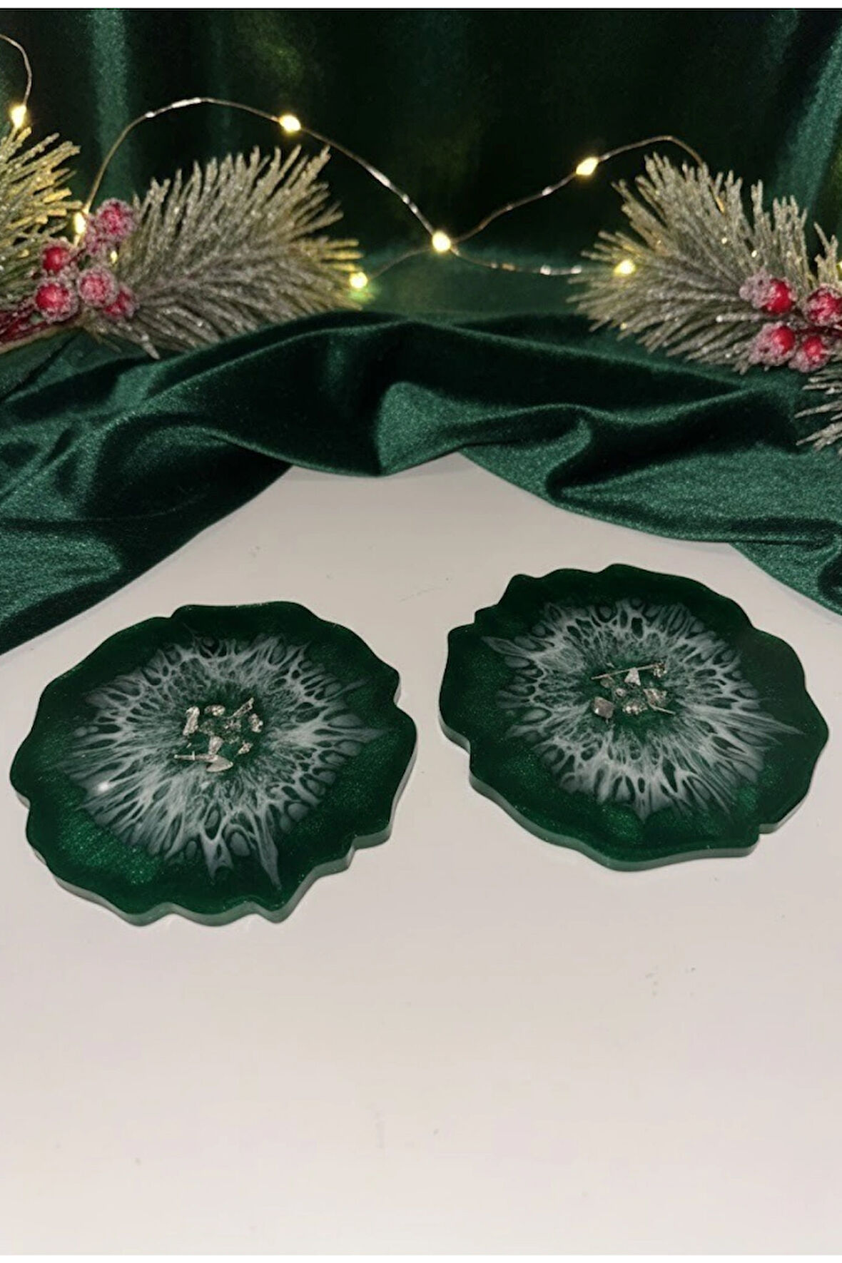 İkili Yeşil Yılbaşı Epoksi Bardak Altlığı