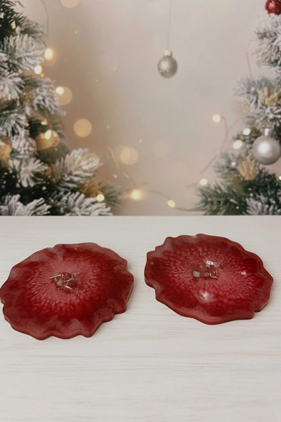 İkili Kırmızı Yılbaşı Epoksi Bardak Altlığı