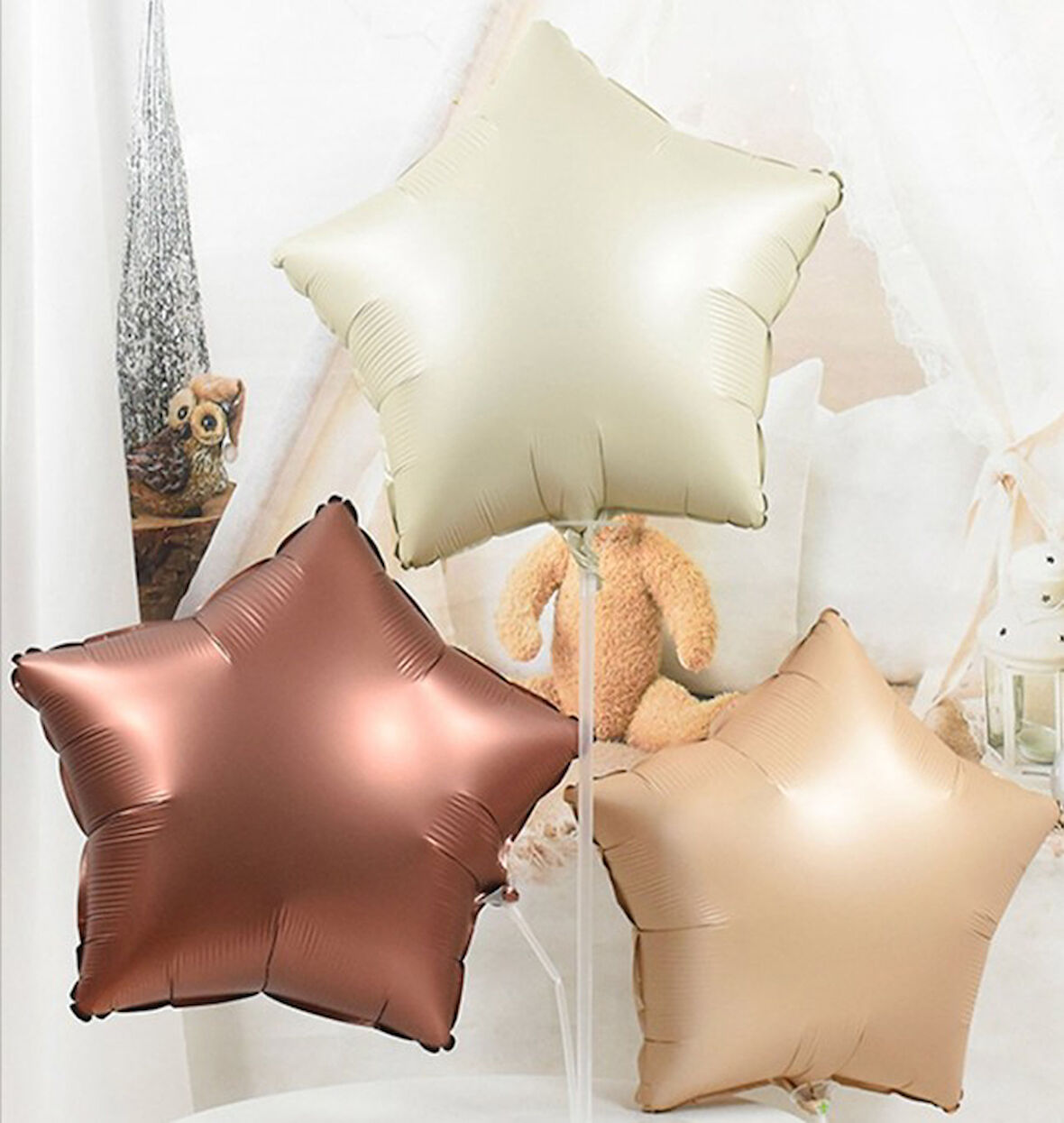 3 Adet 18 ınc Krem, Bej, Karamel Yıldız Folyo Balon Seti