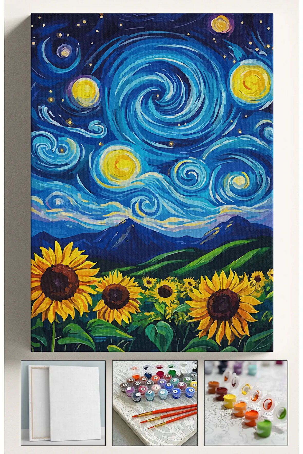 Sayılarla Boyama Seti Numaralı Tuval Fırça Boya Dahil Kasnaklı Set 40x50 Cm - YILDIZLI GECE AYÇİÇEĞİ