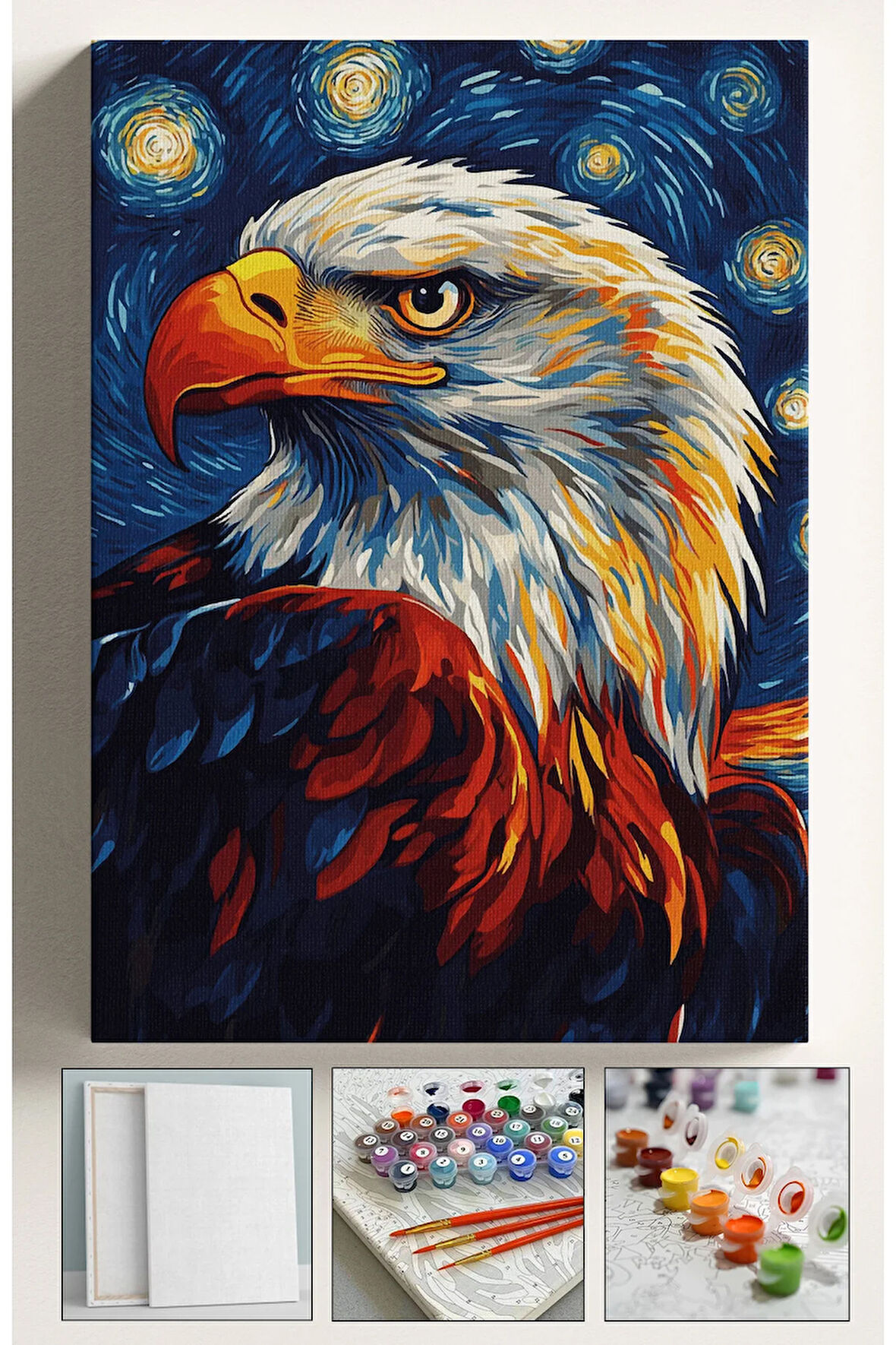 Sayılarla Boyama Hobi Seti Çerçeveli Numaralı Tuval FırçaBoya Kasnaklı YILDIZLI GECE KARTAL 40x50 Cm