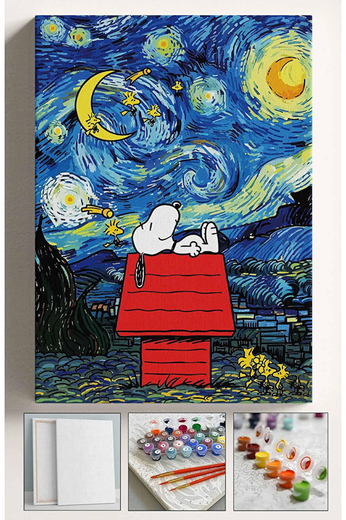 Sayılarla Boyama Seti Numaralı Tuval Fırça Boya 40x50 Cm - YILDIZLI GECE SNOOPY