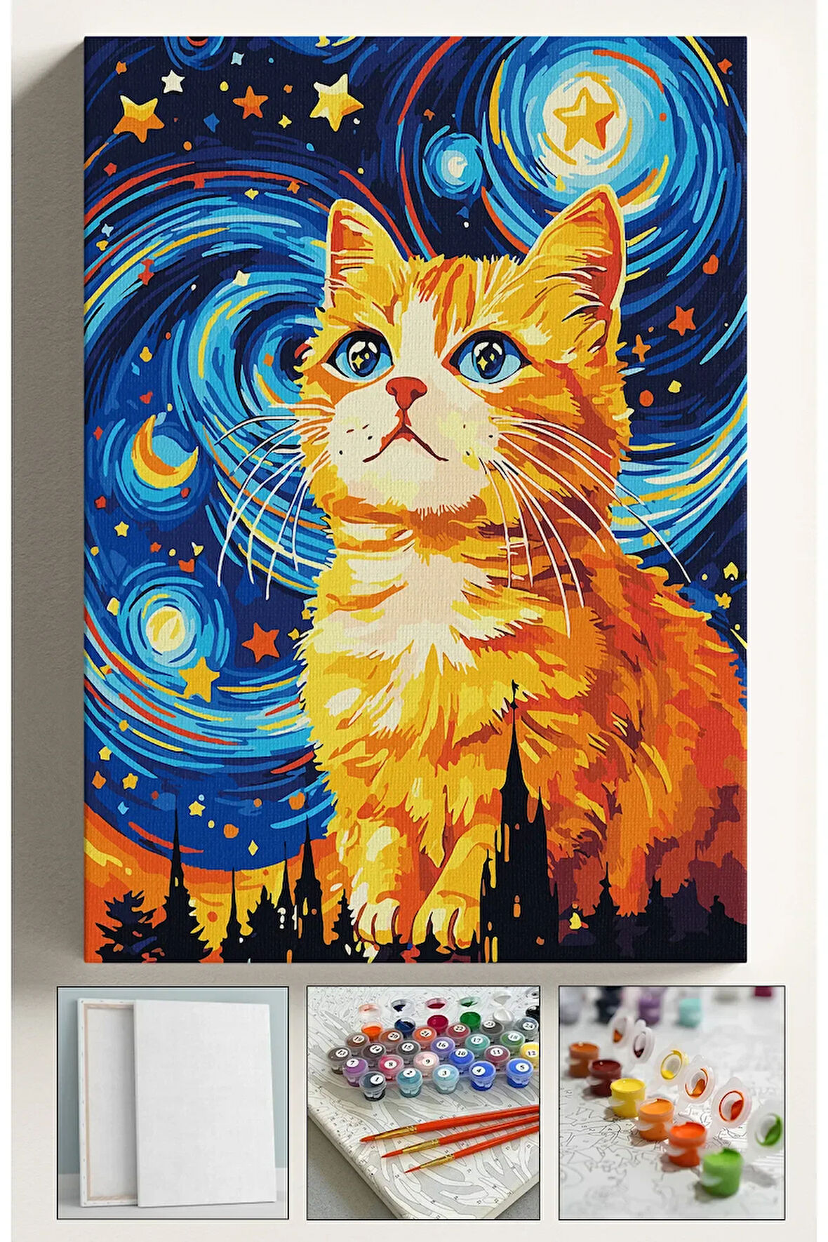Sayılarla Boyama Seti Numaralı Tuval Fırça Boya 40x50 Cm - YILDIZLI GECE TURUNCU KEDİ