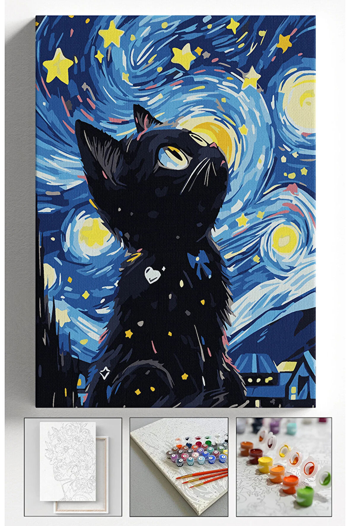 Sayılarla Boyama Hobi Seti Çerçeveli Numaralı Tuval Fırça Boya Dahil Kasnaklı YILDIZLI KEDİ 40x50 Cm